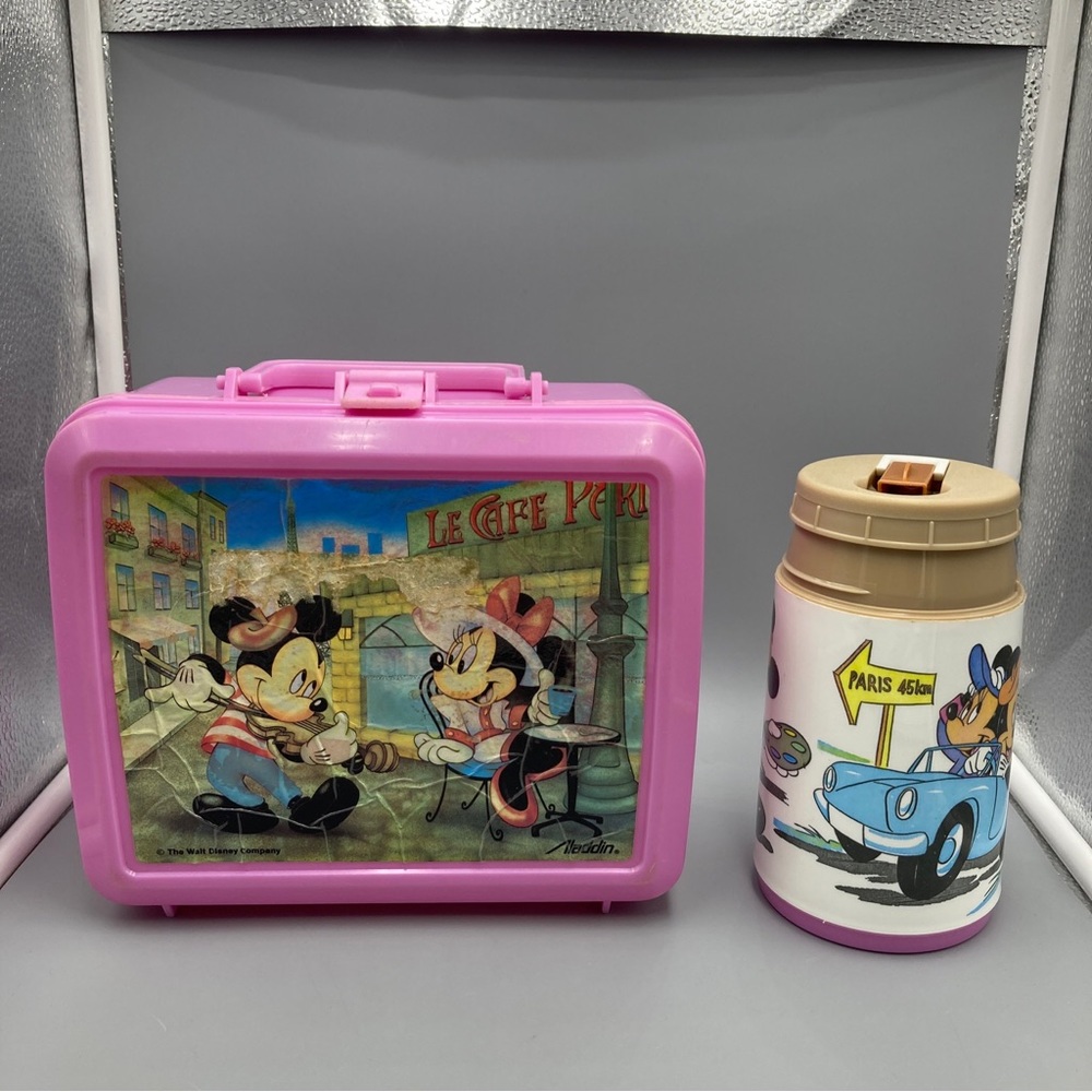 Vintage Aladdin Mickey Mouse and Minnie Mouse Purple Lunch Box With Thermos 80s